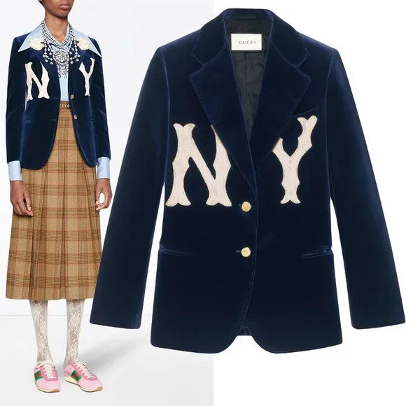 【関税込み】gucci CHECK LOGO BLAZER JACKET NWT Gucci Lettered Logo Pinstripe Dark Gray Wool Blue Blazer